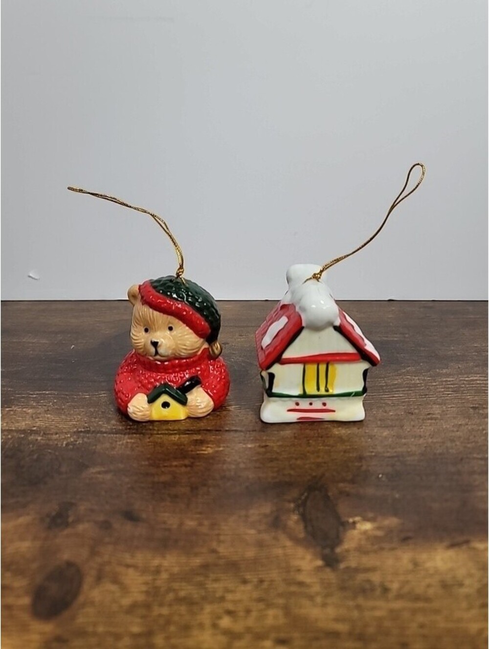 Vintage Christmas Ornament Bells House And Bear Set Of 2
